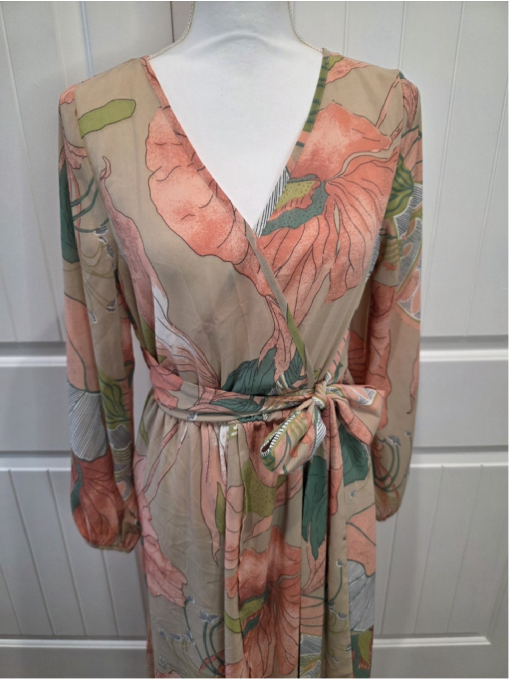 Meghan Los Angeles Sz M Floral Faux Wrap Maxi Dress Boho Resort Wedding Elegant - Picture 5 of 12